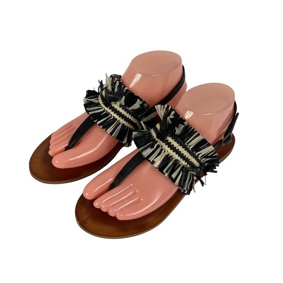 Lucky Brand Akerlei Flat Sandal Black Size 6 Natura Flat Thong Leather Shoes - Picture 1 of 8